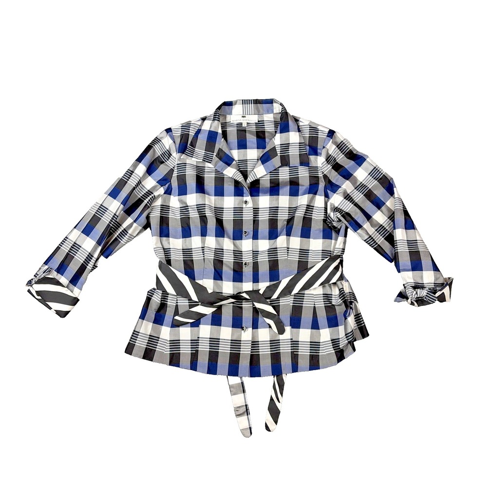 Marisa Baratelli Silk Plaid Blouse Womens 14 Blue Black Tie Waist Peplum Top